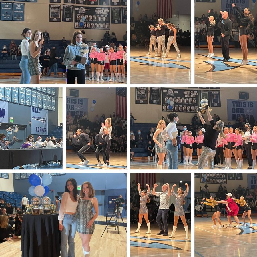 Row 1: from left to right, Ms. Dante winning the fan favorite vote, Ms. Owney with her dancers incorporating the ASL sign for love into their dance, Mr. Hill with his dancers. Row 2: from left to right, the judges table, Ms. Dante with her dancers, Ms. Owney winning the judges vote. Row 3: from left to right, the hosts posing with the trophies during intermission, Mr. Ziebarth with his dancers, Ms. Mayberry with her dancers. Photos courtesy of Kaydence Osgood’s iPhone, collaged with InShot.