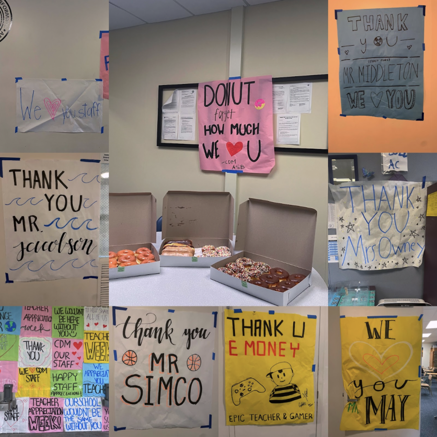 Above are some of the posters hung around campus, as well as some of the individualized posters each of the teachers got. In the middle is the donuts ASB put in the teacher’s lounge. Photos courtesy of Kaydence Osgood, collaged together and edited using InShot.