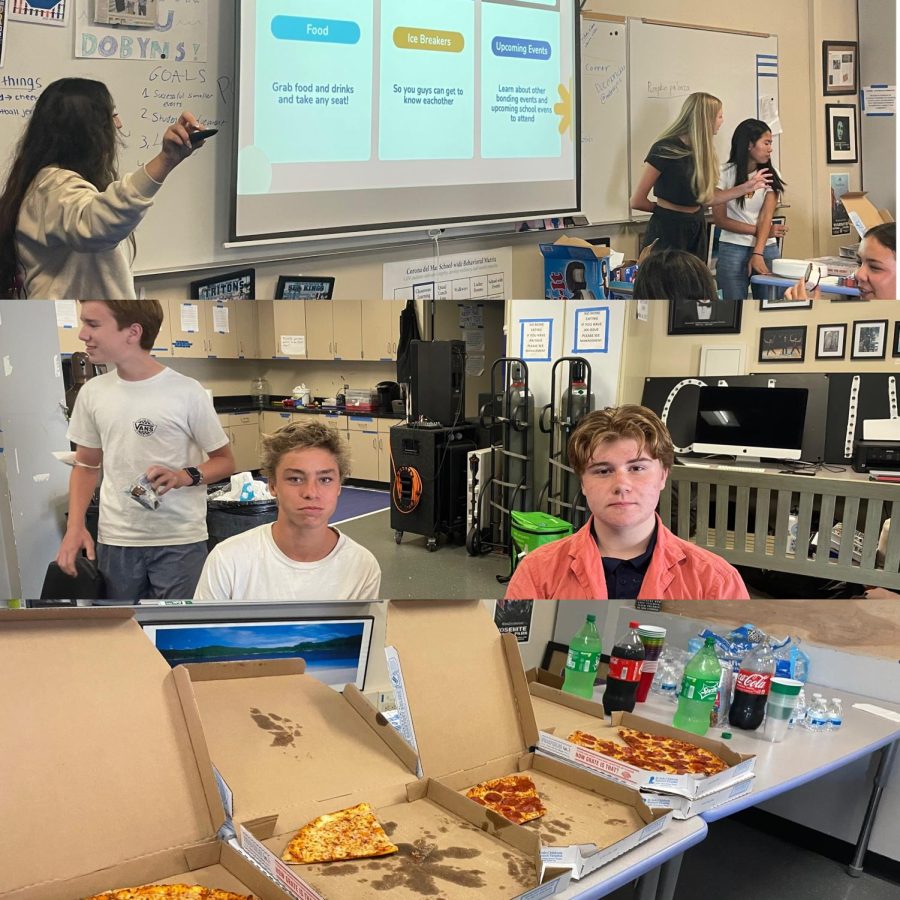 Top+left+to+right%3A+Karissa+Beltran-Jimenez%2C+Addie+Briggeman%2C+and+Michelle+Nguyen+presenting+to+the+new+students.+Middle+left+to+right%3A+new+Freshmen+William+Clancy+and+Grant+Christian.+Bottom%3A+the+food+served+at+the+event.+Photos+courtesy+of+Kaydence+Osgood%2C+collaged+together+using+InShot.%C2%A0%C2%A0