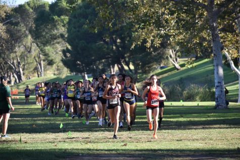 Senior Bea Douglass is spotted on the left side of the pack as the start gun goes off and runners begin the first 400 meters of the Sunny Hills Invite on grass.
Photo Courtesy: Nils Wolker