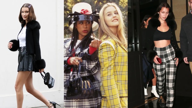 Left and right: Bella Hadid wearing 90’s inspired outfits. Center: Alicia Silverstone and Stacey Dash in the 90’s movie Clueless. 
Photo courtesy of vanityfair.com.
