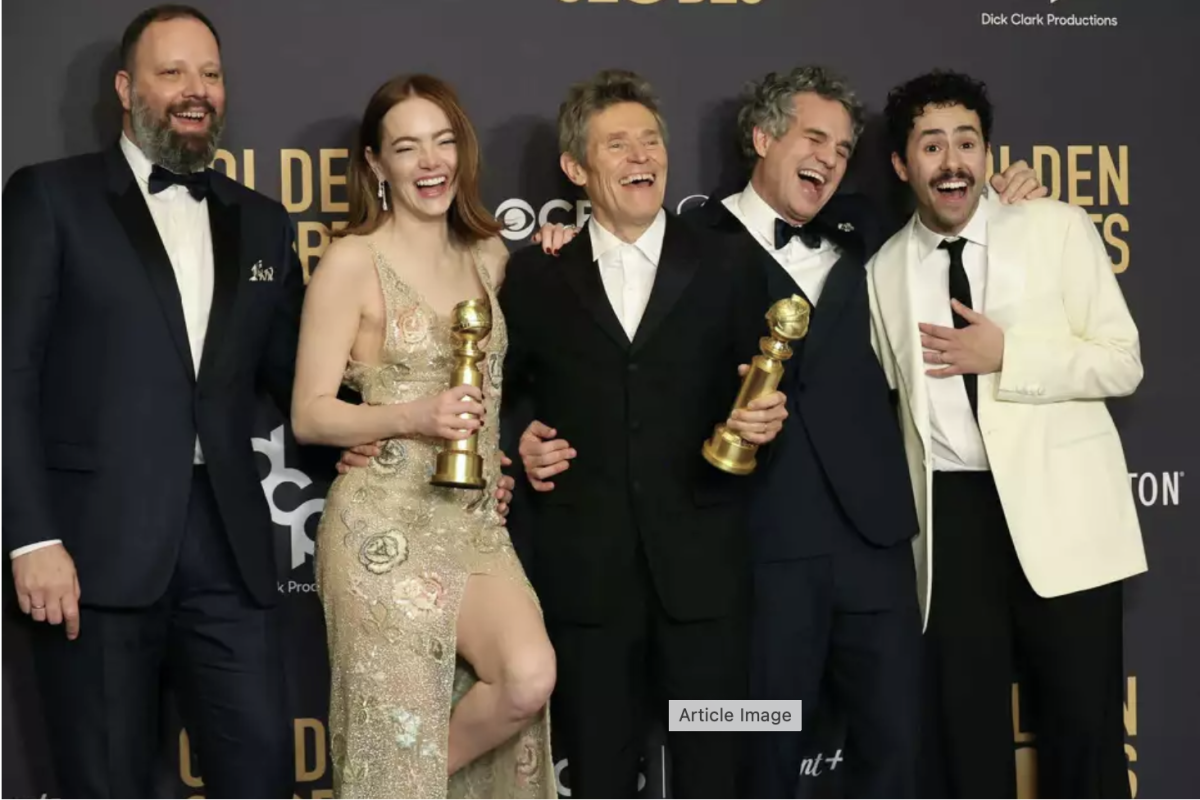 “Poor Things” director Yorgos Lanthimos, left, stands with cast members Emma Stone, Willem Dafoe, Mark Ruffalo and Ramy Youssef in the press room at the Golden Globe Awards on Sunday, Jan. 7. The film won the best musical or comedy movie award, and Stone won for best female actor in musical or comedy.

Amy Sussman/Getty Images